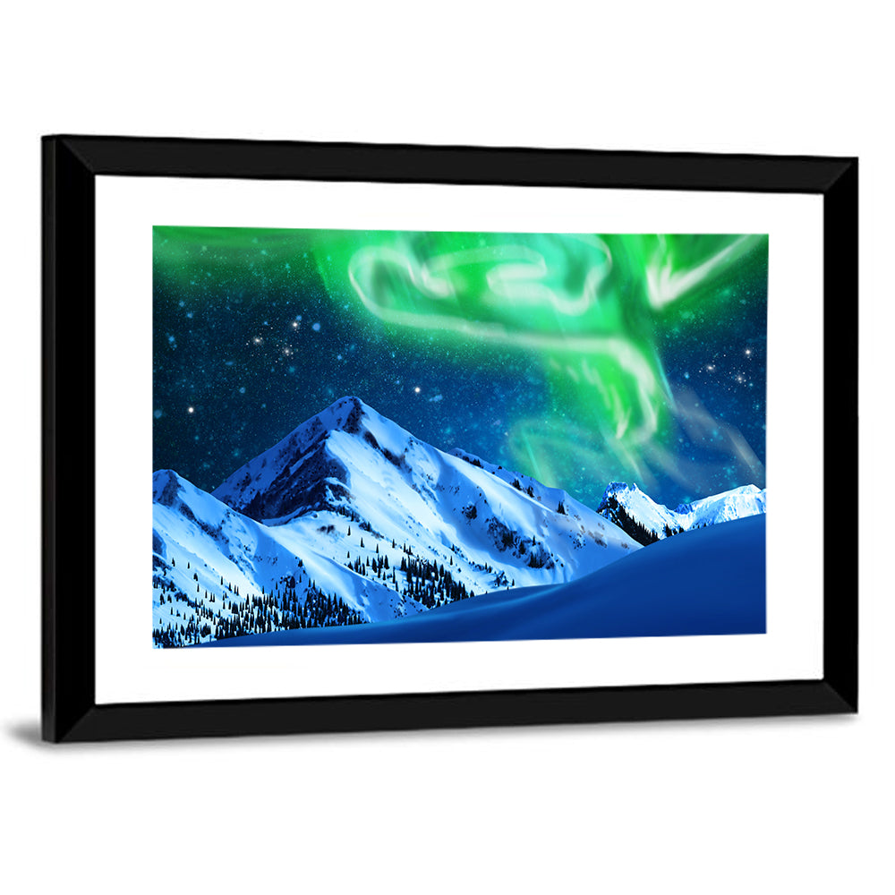 Glowing Aurora Over Snow Capped Mountains Wall Art
