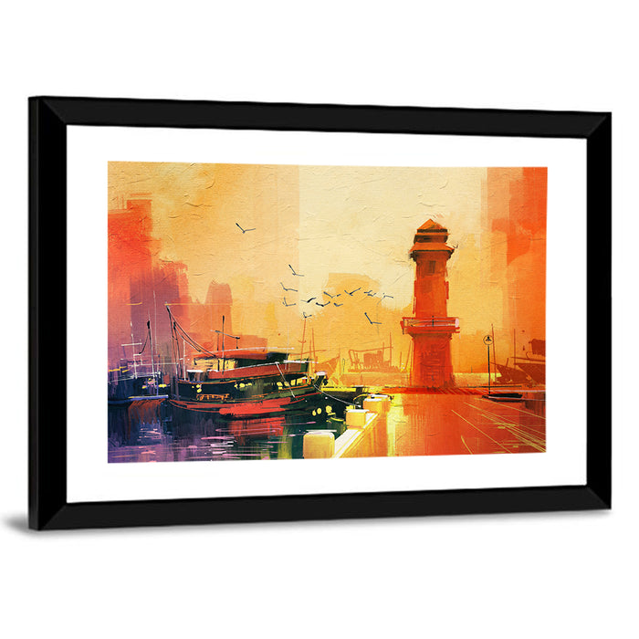 Golden Harbor Lighthouse and Fishing Boat Wall Art as a framed print