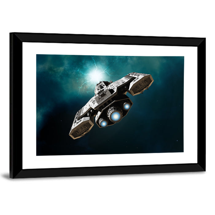 Low Angle Starship with Blue Thrusters Wall Art as a framed print