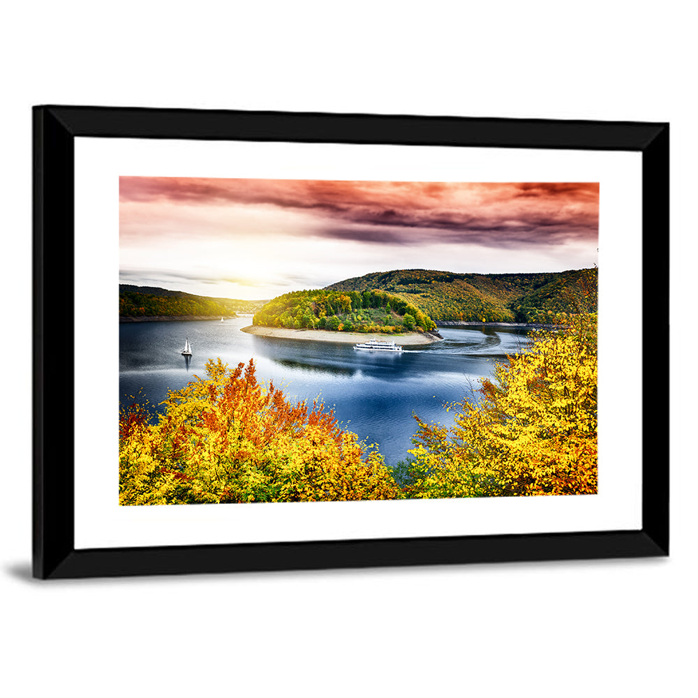 Autumn Sunset Over Lake with Boat Wall Art