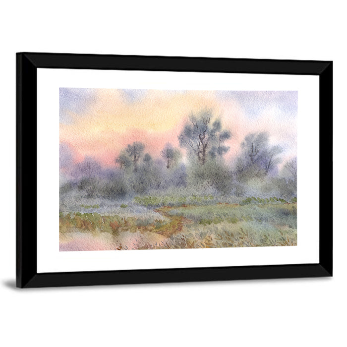 Morning Mist Over Meadow Wall Art as a framed print