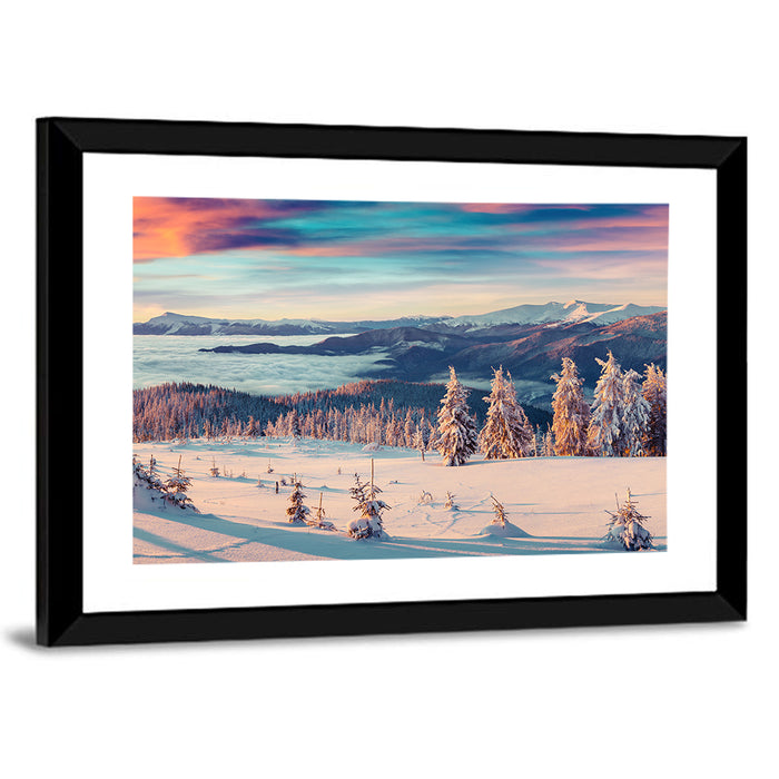 Snowy Alpine Sunset Wall Art as a framed print