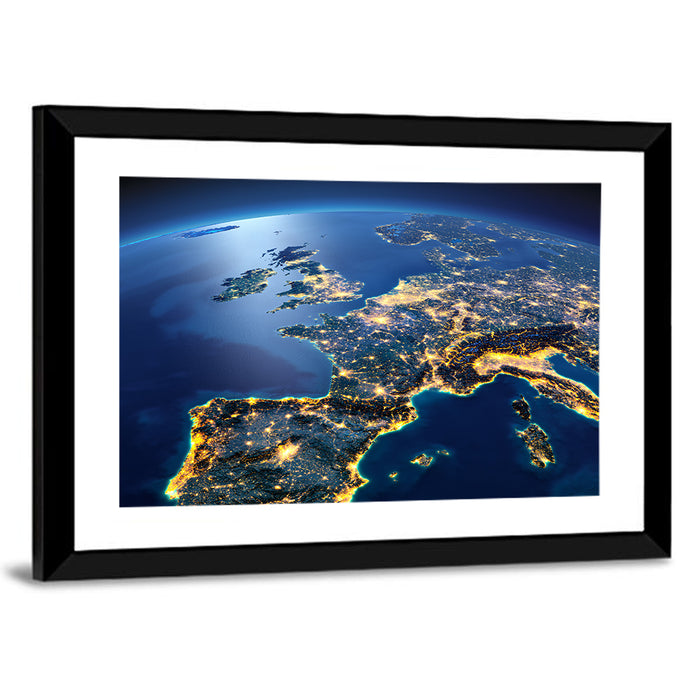 Night View of Earth Over Europe Wall Art as a framed print