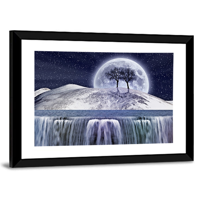 Moonlit Snowy Mountain Waterfall Wall Art as a framed print