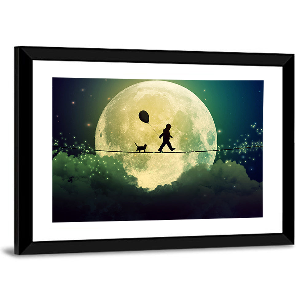 Happy Boy and Cat Under Moonlight Wall Art