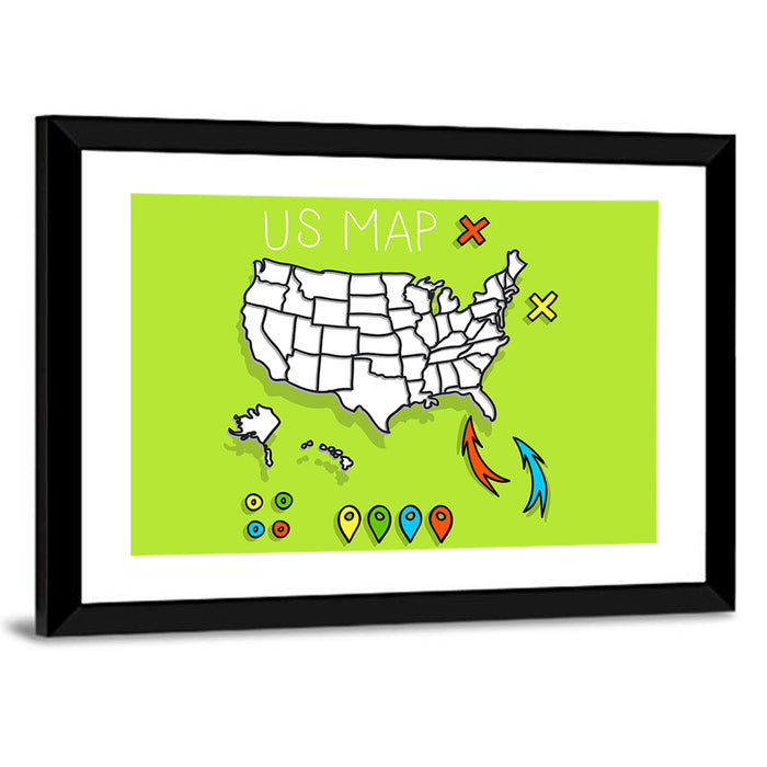 Hand Drawn US Map Wall Art as a framed print