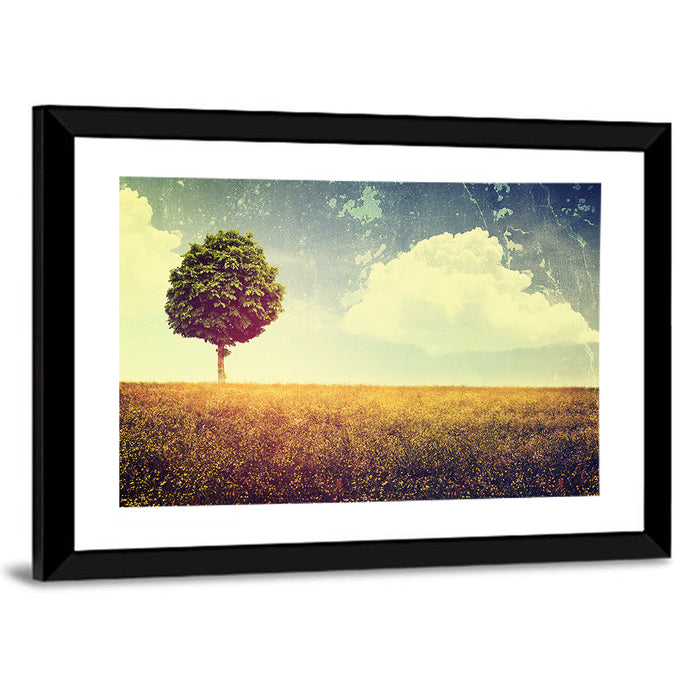 Vintage Field with Lone Tree Wall Art as a framed print