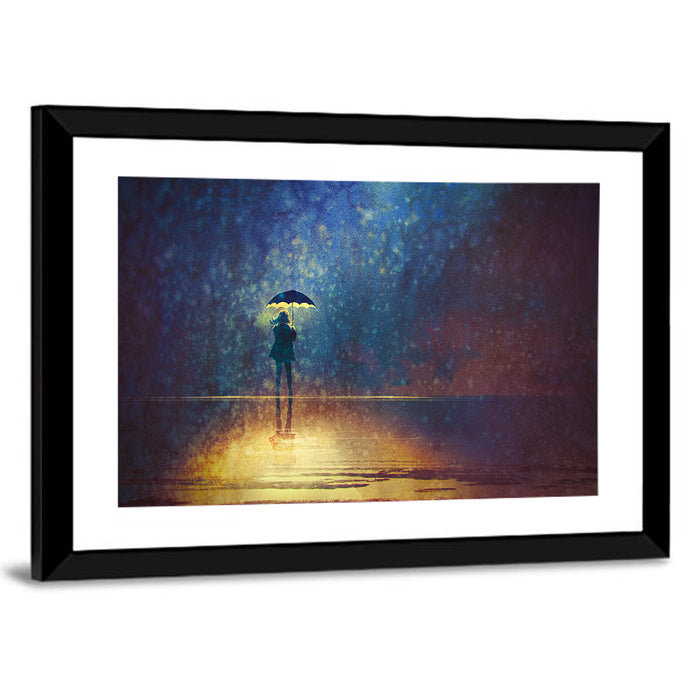 Woman Under Glowing Umbrella Wall Art as a framed print