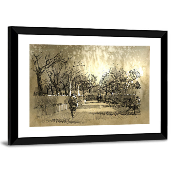 Late Afternoon Park Walkway Sketch Wall Art as a framed print