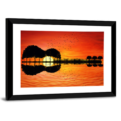 Trees Sunset On Lake Bank Wall Art