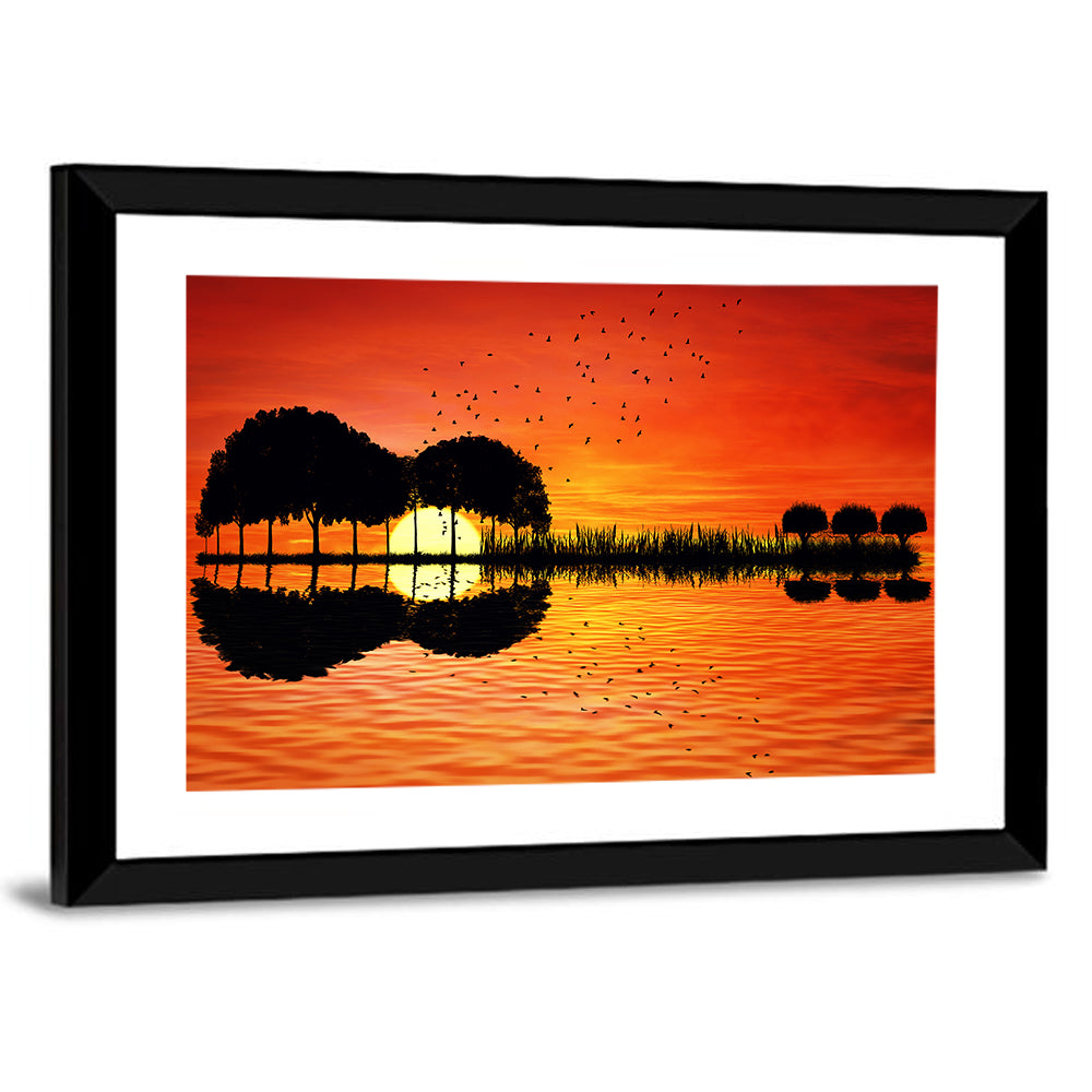 Trees Sunset On Lake Bank Wall Art