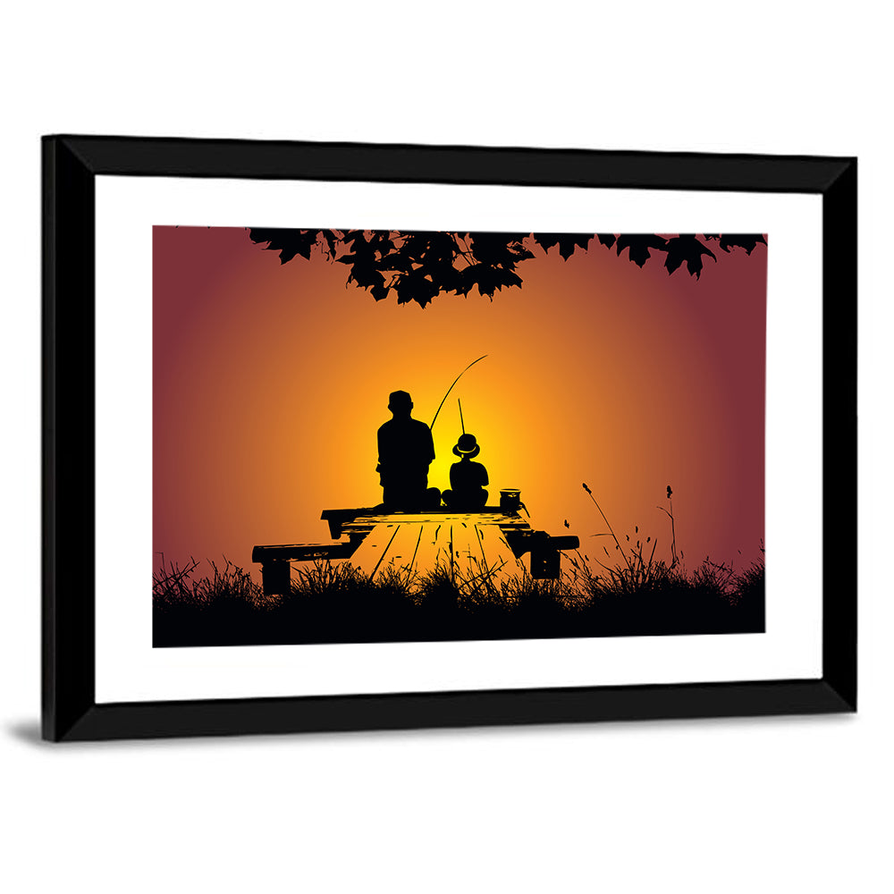 Father and Child Fishing Silhouette Wall Art