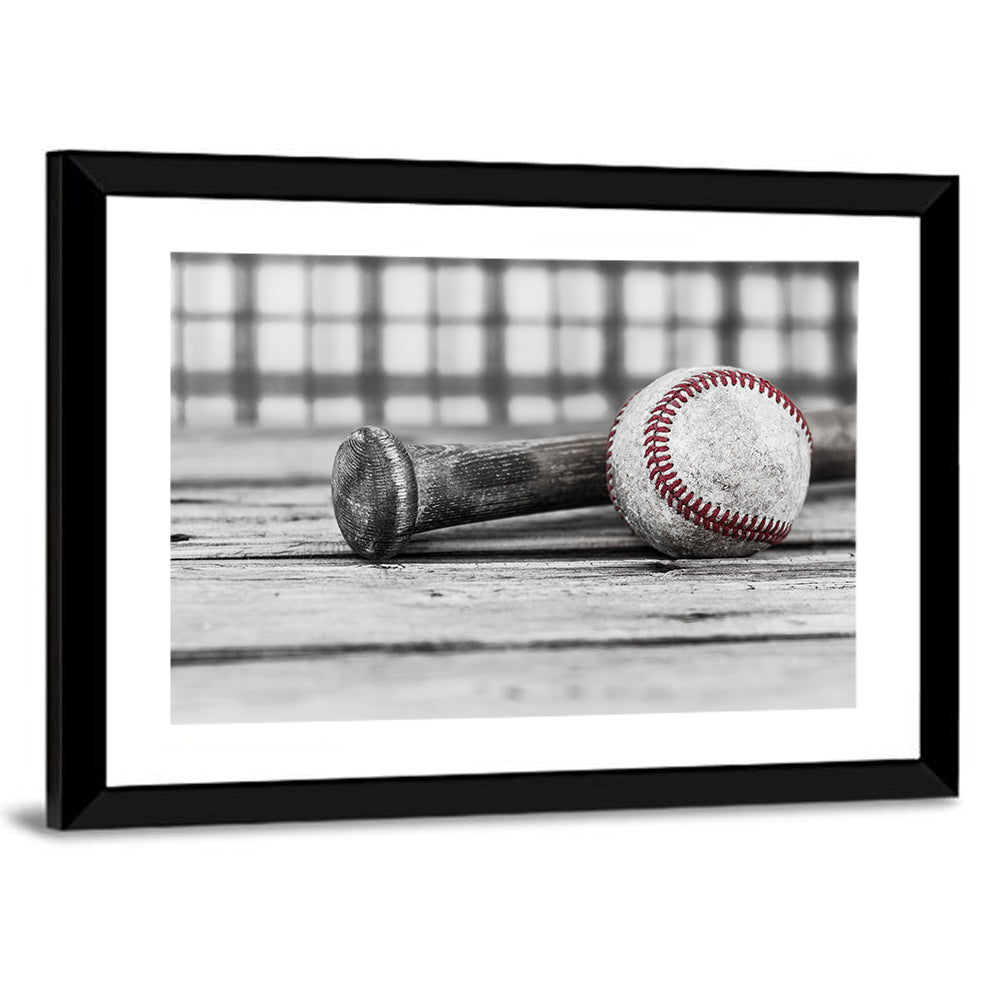 Baseball & Bat On Wood Surface Wall Art