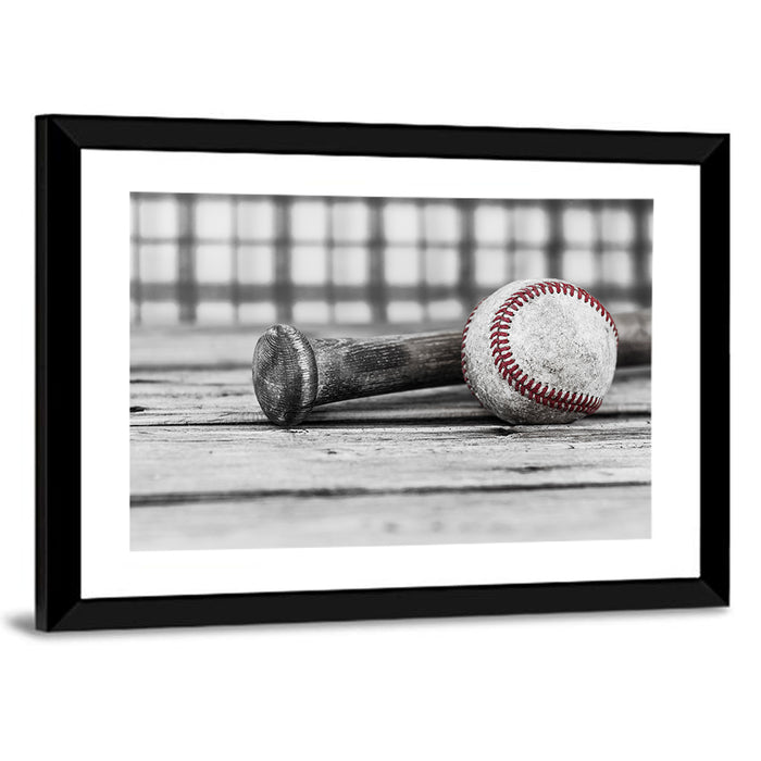 Worn Baseball and Bat on Wood Wall Art as a framed print