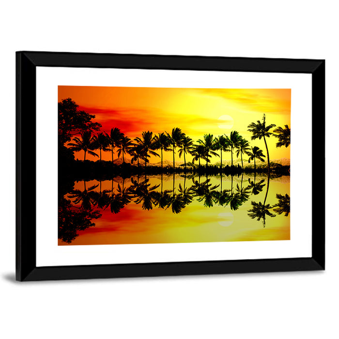 Tropical Palm Beach Sunset Wall Art as a framed print