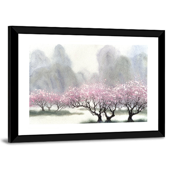 Cherry Blossom Orchard by the River Wall Art as a framed print