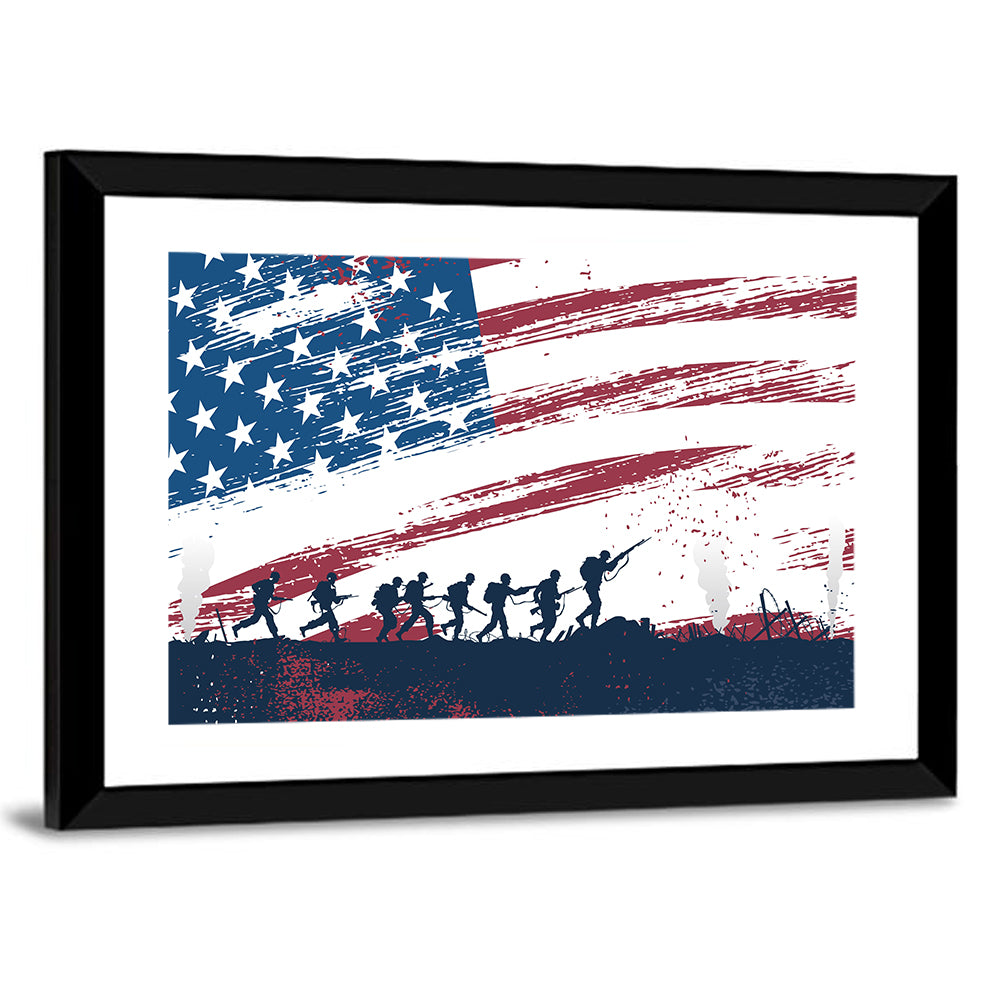 Soldiers Fighting With American Flag Wall Art