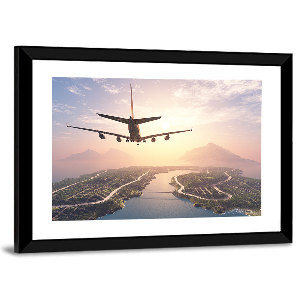 Airplane Over Island at Sunset Wall Art