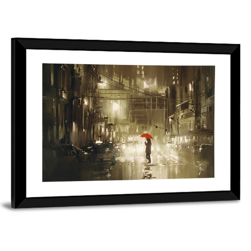 Red Umbrella on Rainy City Street Wall Art