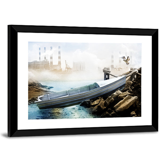 Aluminum Boat on Dry Lake Bed Wall Art as a framed print