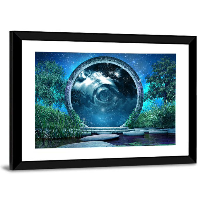Stone Portal on Moonlit Lake Wall Art as a framed print