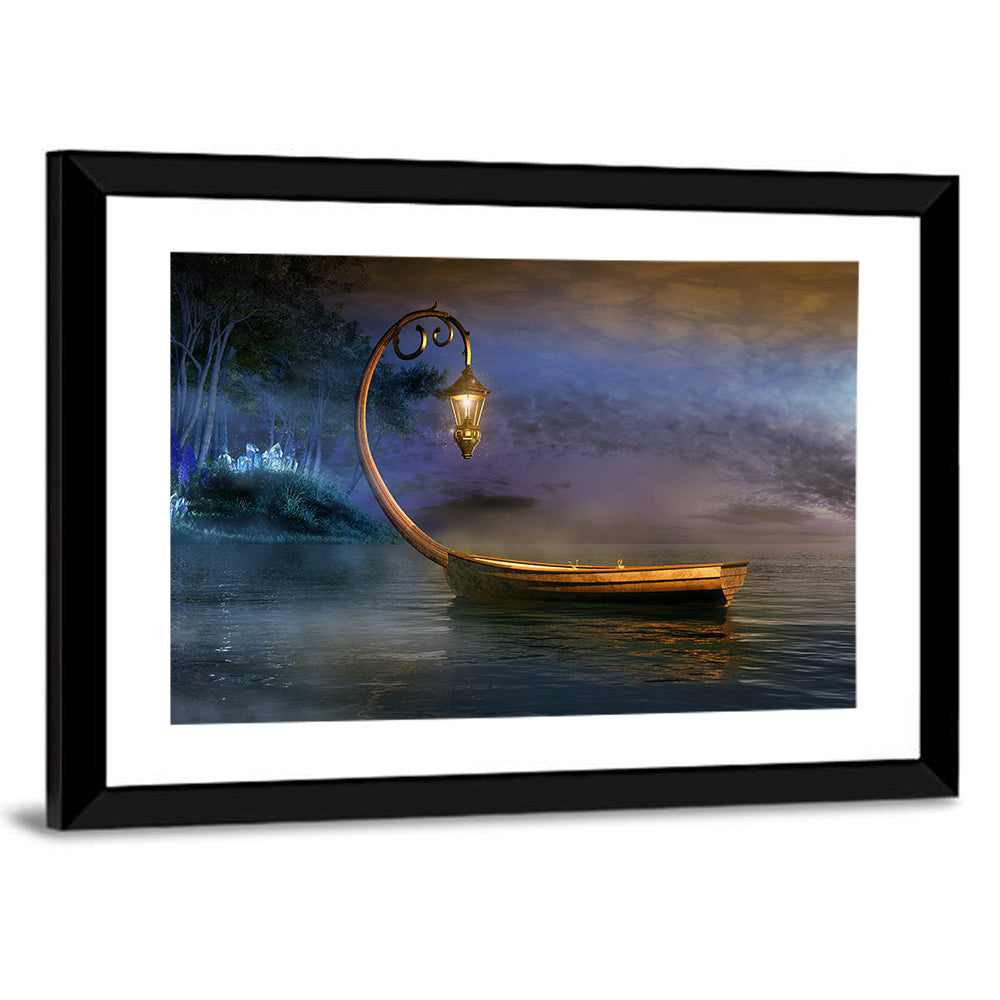 Lantern Boat on a Misty Lake Wall Art