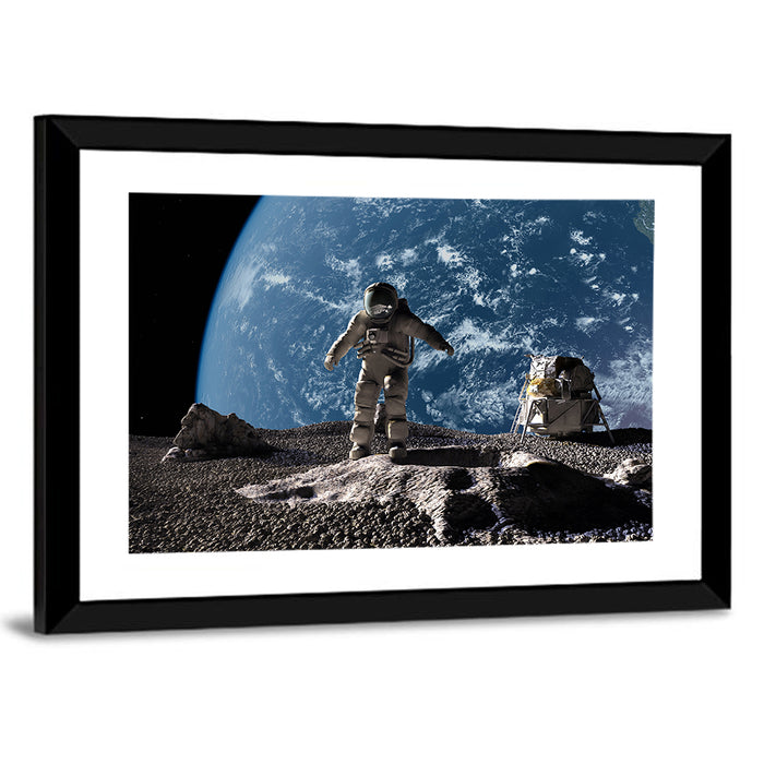 Astronaut on Cratered Planet Wall Art as a framed print