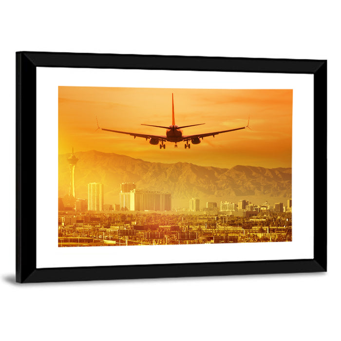 Las Vegas Sunset Plane Landing Wall Art as a framed print