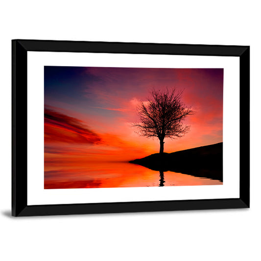 Leafless Tree Near Lake Sunset Wall Art