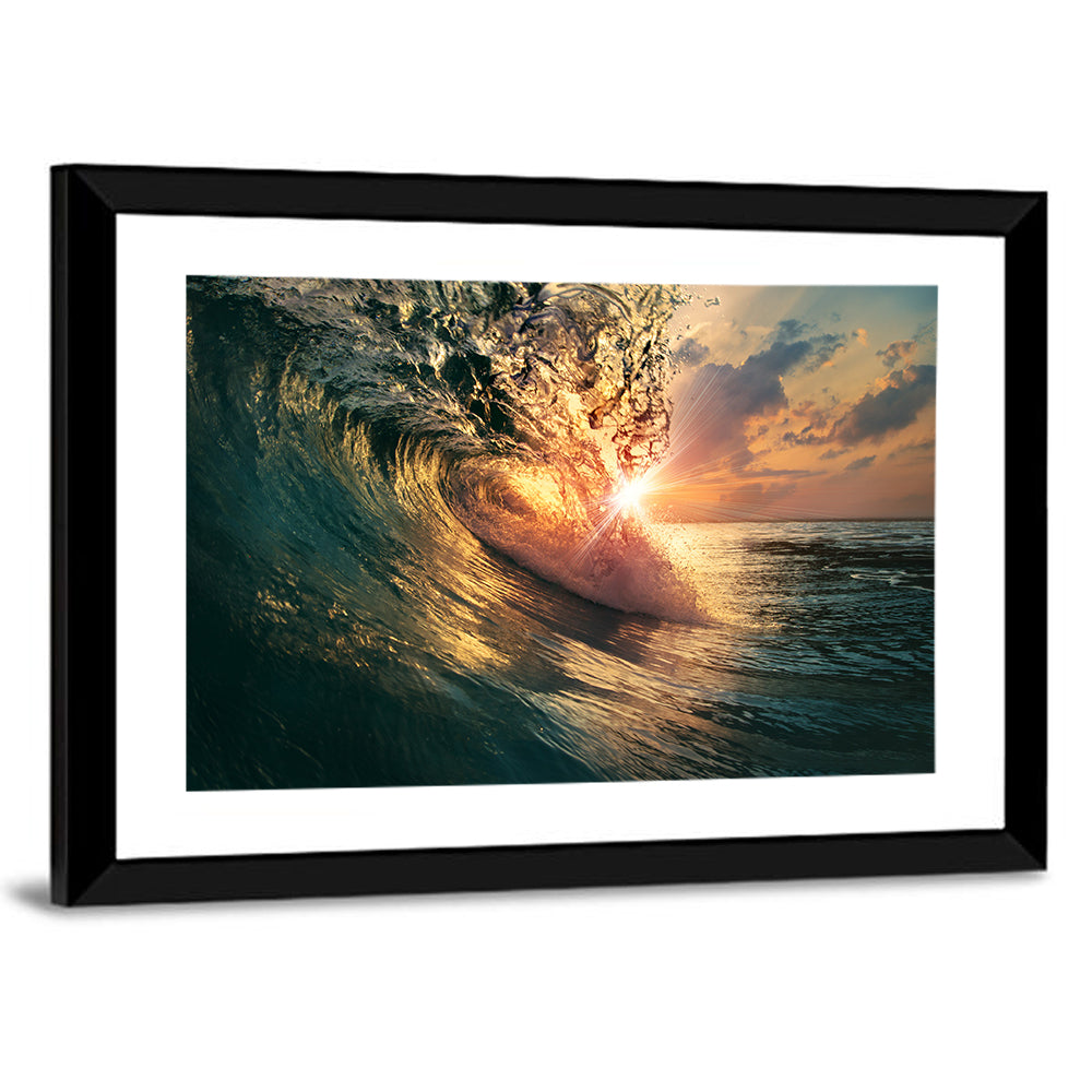 Ocean Wave Falling At Sunset Time Wall Art