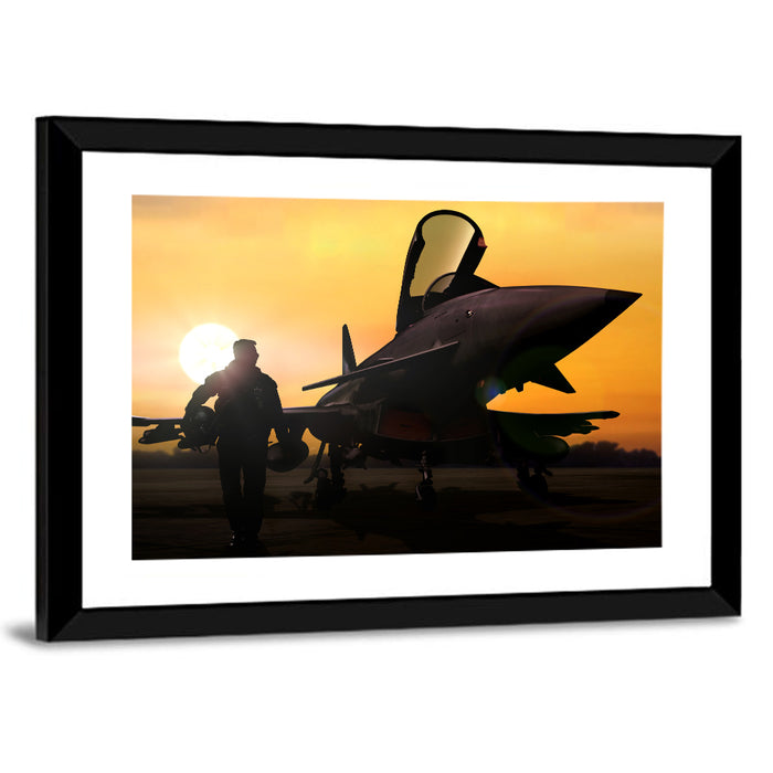 Pilot and Fighter Jet at Sunset Wall Art as a framed print
