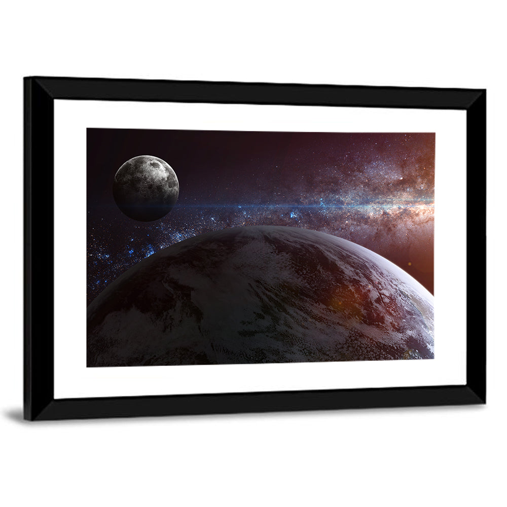 Earth and Moon Over Nebula Wall Art