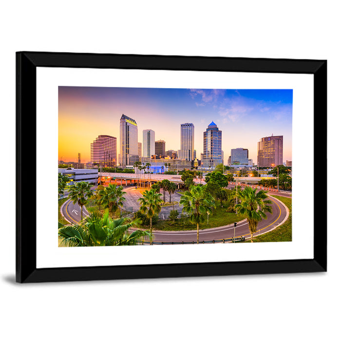 Tampa Downtown Skyline at Sunset Wall Art as a framed print