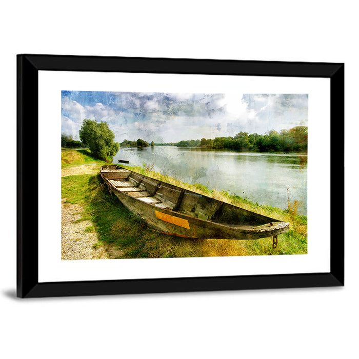 Weathered Wooden Boat on Riverbank Wall Art as a framed print
