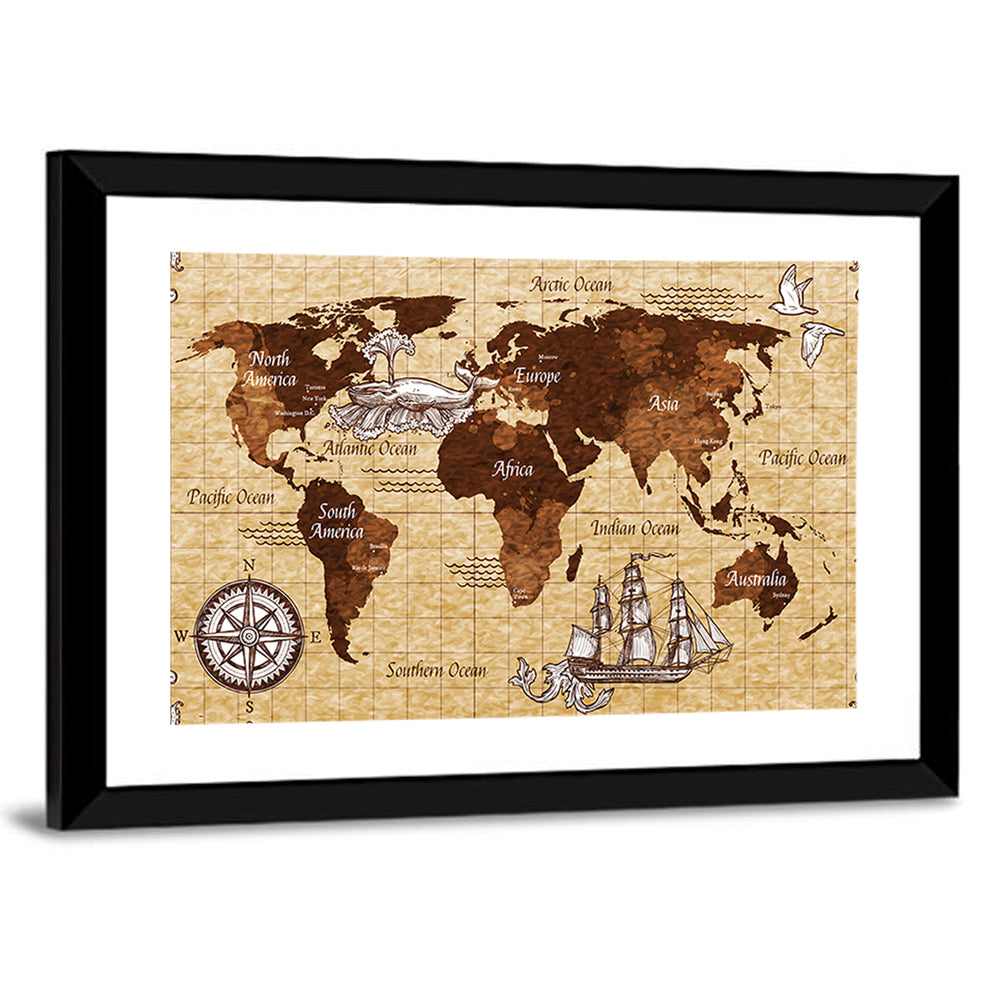 Vintage Nautical World Map Wall Art