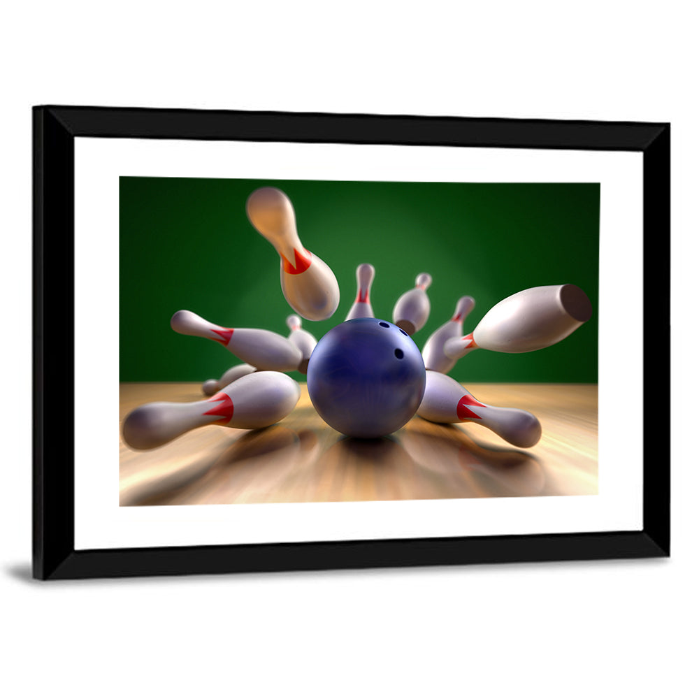 Blue Bowling Ball Hitting Pins Wall Art
