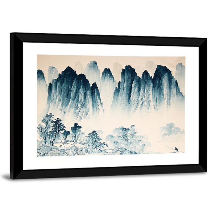 Misty Mountain with Fisherman Wall Art as a framed print