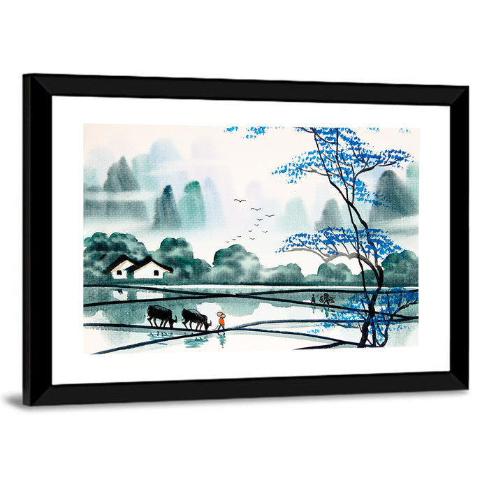 Blue Tree Over Rice Paddies Wall Art as a framed print
