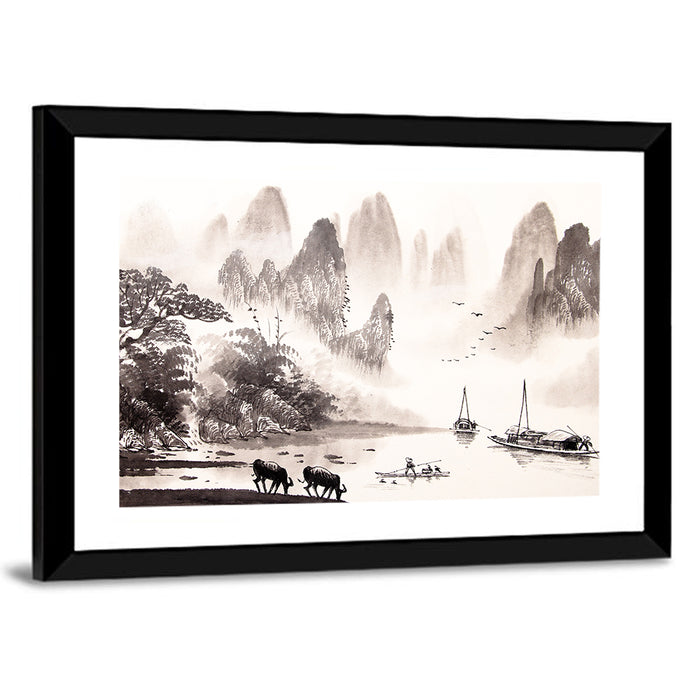 Misty Mountain Ink Wash Landscape Wall Art as a framed print