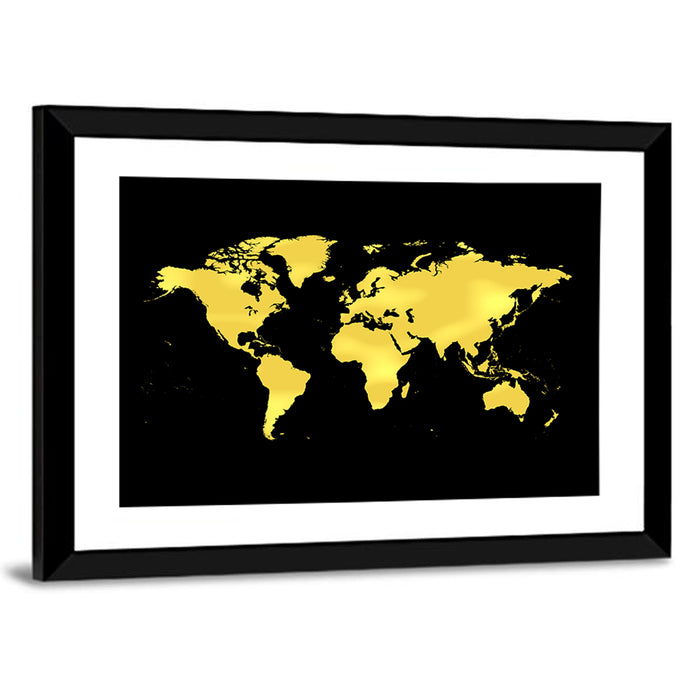 Metallic Gold World Map Wall Art as a framed print
