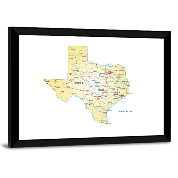 Texas Road Map Illustration Wall Art as a framed print