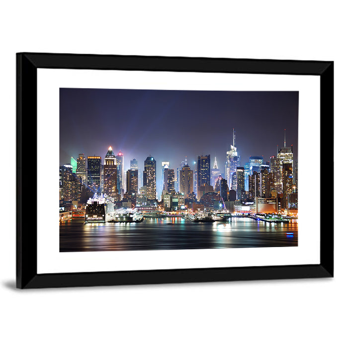 Manhattan Night Skyline Wall Art as a framed print