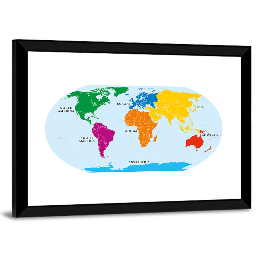 Color-coded Seven Continents Map Wall Art