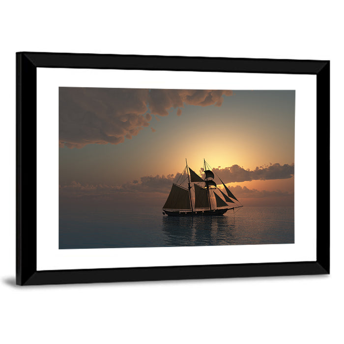 Golden Schooner at Sunset Wall Art as a framed print