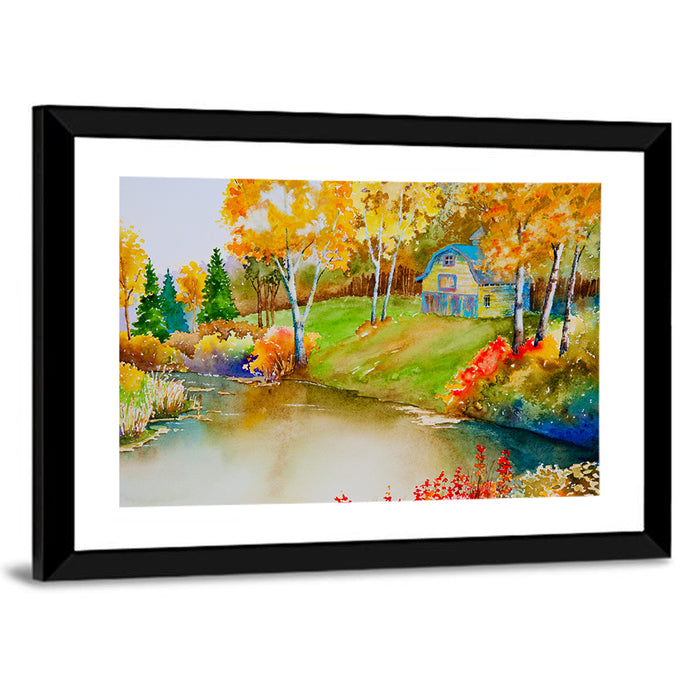 Golden Autumn Pond Landscape Wall Art as a framed print