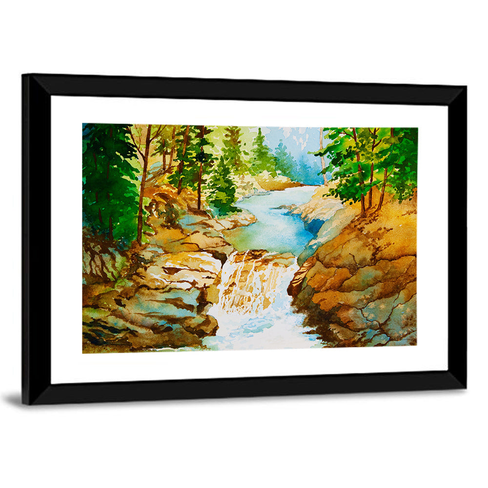 Mossy Forest Waterfall Wall Art