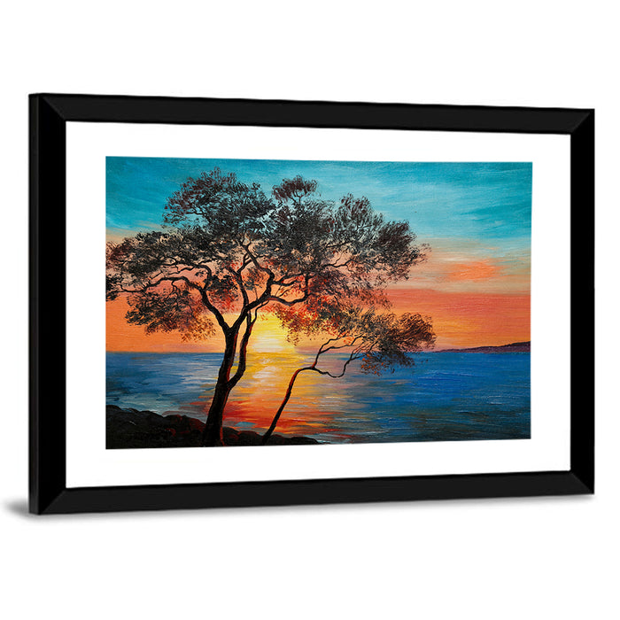Lake Sunset with Twin Tree Silhouettes Wall Art as a framed print