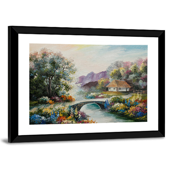 Thatched Cottage with Stone Bridge Wall Art as a framed print