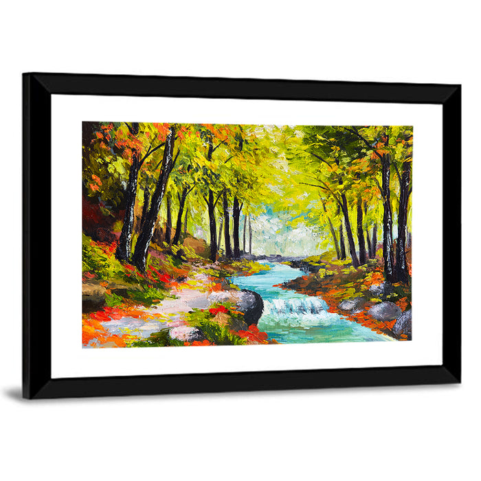 Winding Autumn Stream with Waterfall Wall Art as a framed print