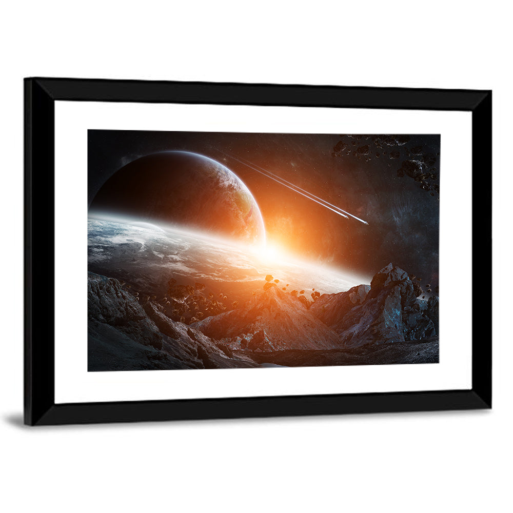Gigantic Asteroids Over Ringed Planet Wall Art